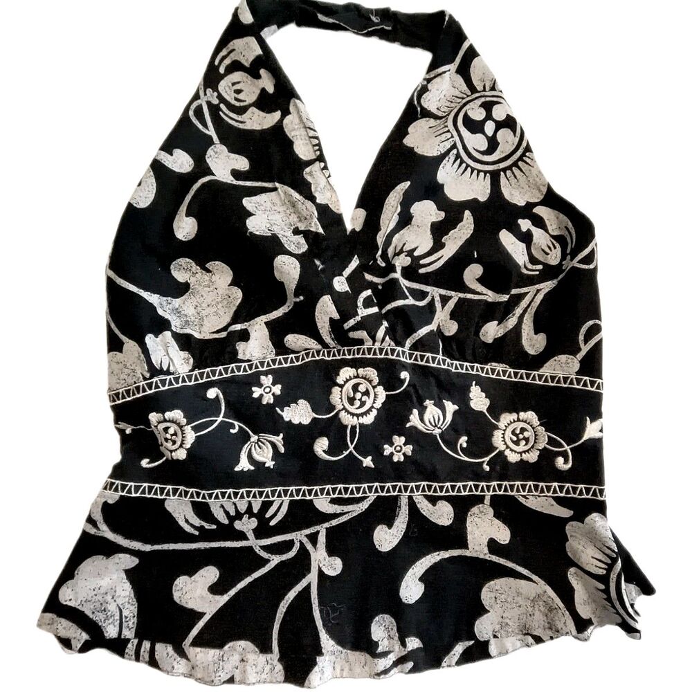 Vintage 90s Bandolino 10P Halter Top Black and White Embroidered Floral Tank